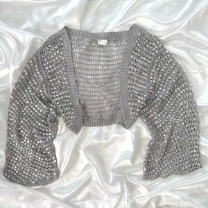 Sequin Crochet Bolero Shrug Silver Grey Open Knit Cropped Cardigan Medium